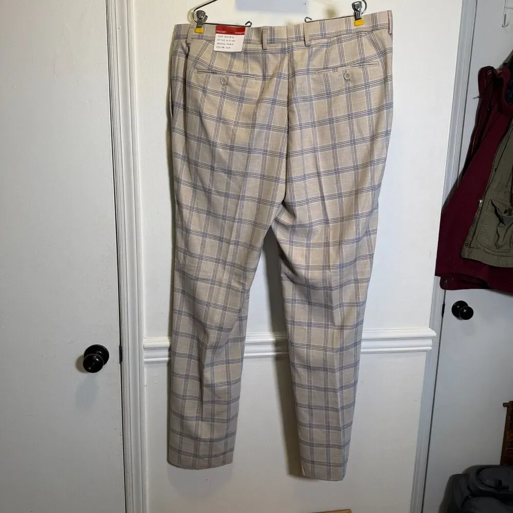 Bocaccio Uomo Paris Dress Pants Mens 40 Tan Blue Windowpane Raw Hem Stretch NWT
